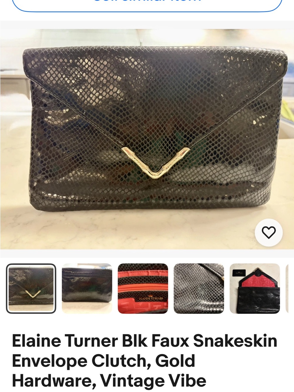 Black Faux Snakeskin Envelope Clutch with Gold V Accent